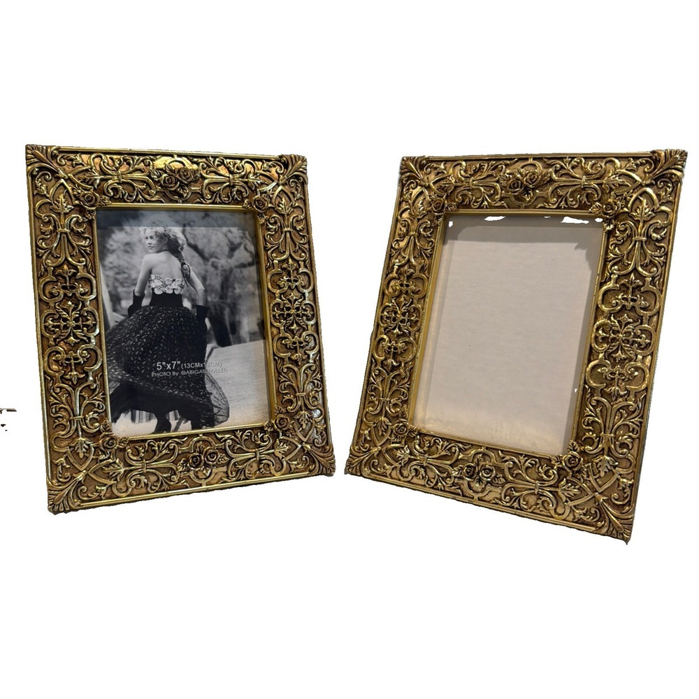 2 Abigail Huller 5x7 Vtg-Style Sculpted Ornate Roses Gold Resin Photo Frames